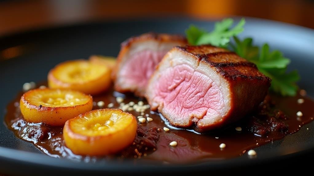 Seared Duck Breast With Mole Negro and Plantains