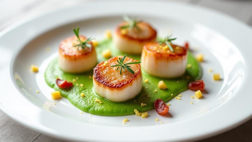 Pan-Seared Scallops With Pea Puree and Pancetta