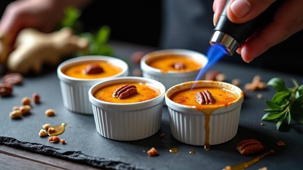 Pecan Bourbon Crème Brûlée With Ginger & Caramel caramelize and garnish desserts