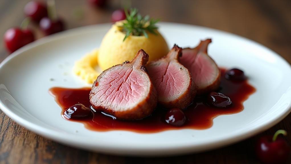 Roasted Duck With Cherry Balsamico and Polenta
