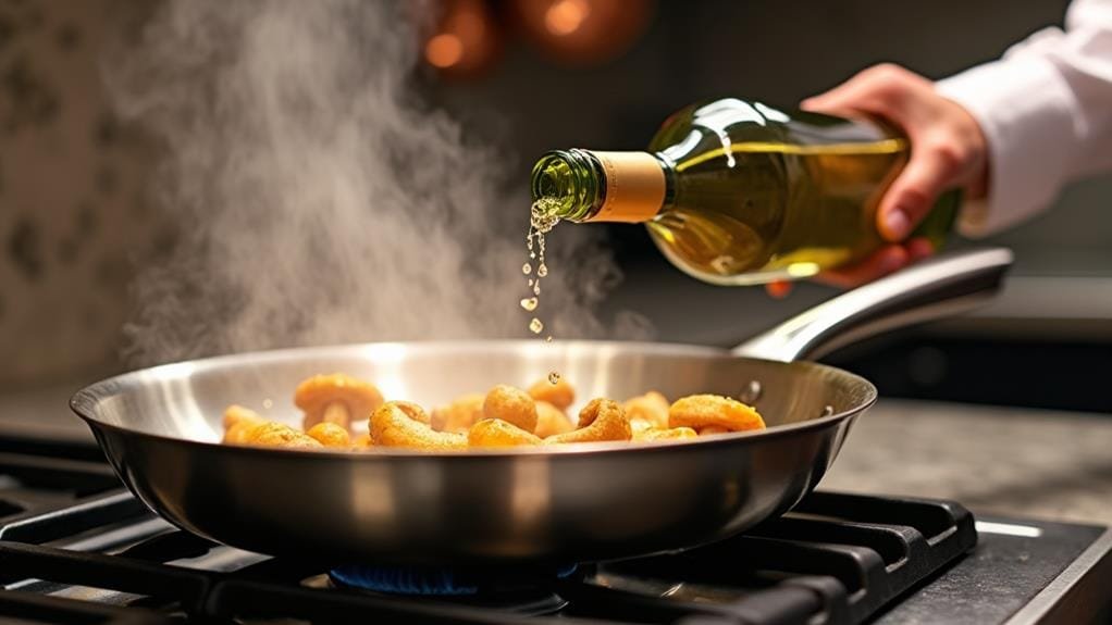 Seared Halibut With Chanterelles and Truffle Oil 3 deglaze pan using wine