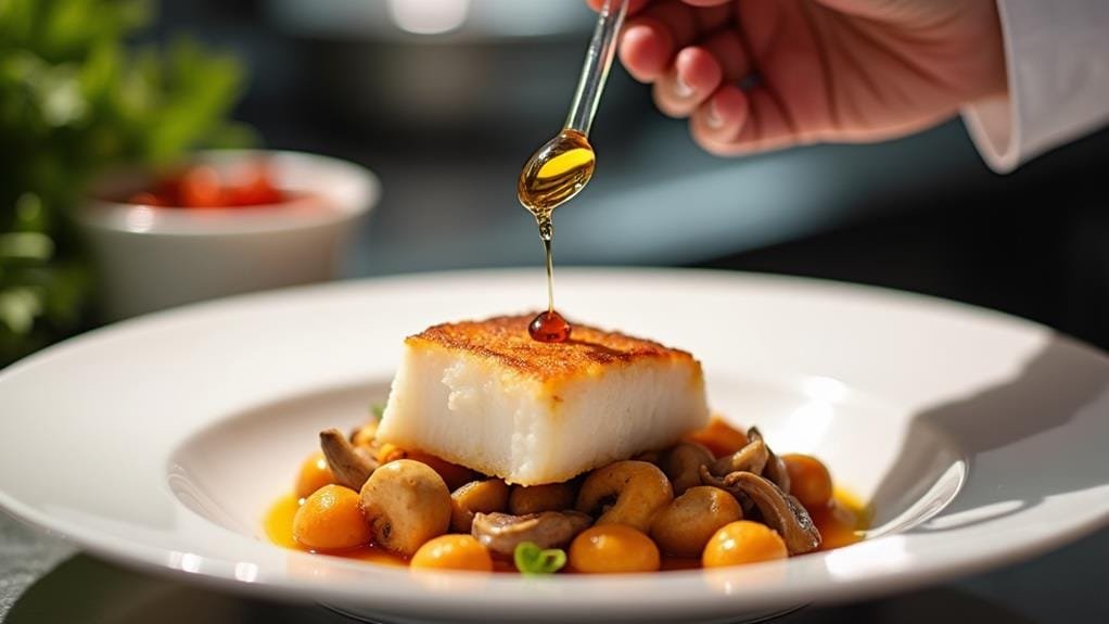 Seared Halibut With Chanterelles & Truffle Oil 5 drizzle truffle oil serve
