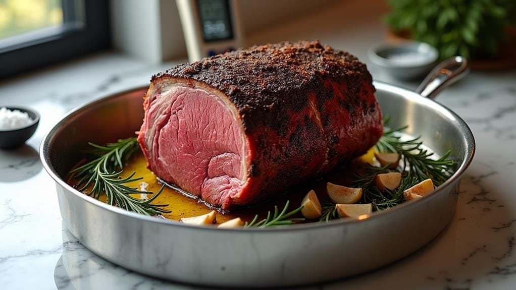 Coffee-Rubbed Prime Rib With Paprika and Gratin 4 roast positioned in pan