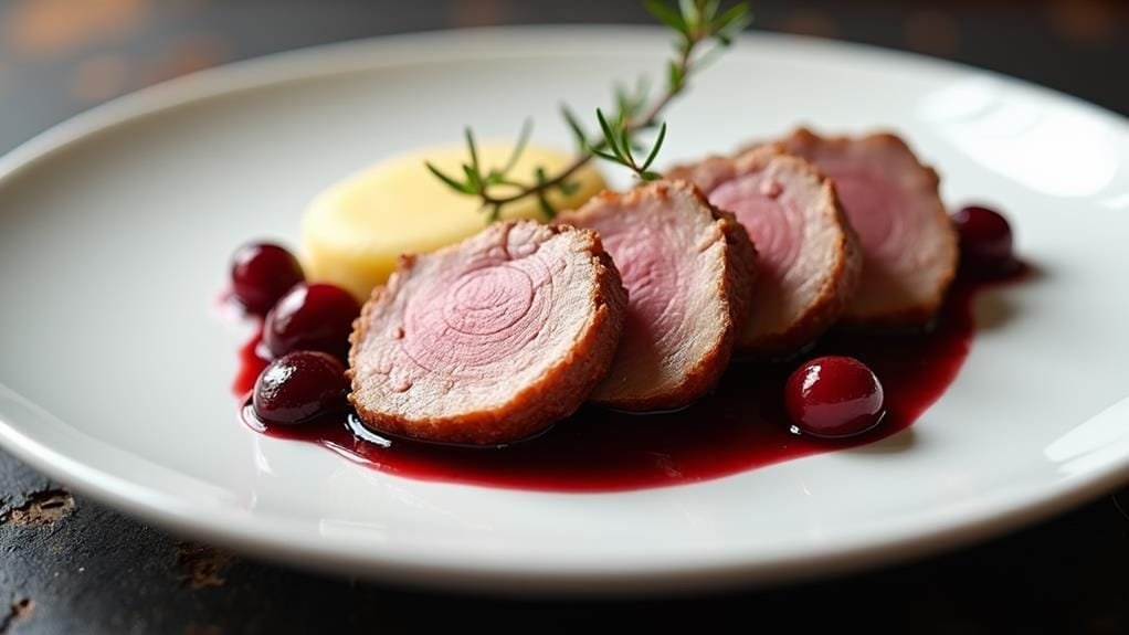Roasted Duck With Cherry Balsamico and Polenta 5 slice and serve duck