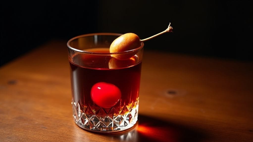 Roasted Chestnut Manhattan With Cherry 9 garnish with maraschino cherry